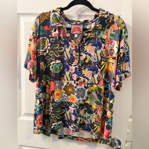 Johnny Was Multicolor Floral Patchwork Button-Front Top